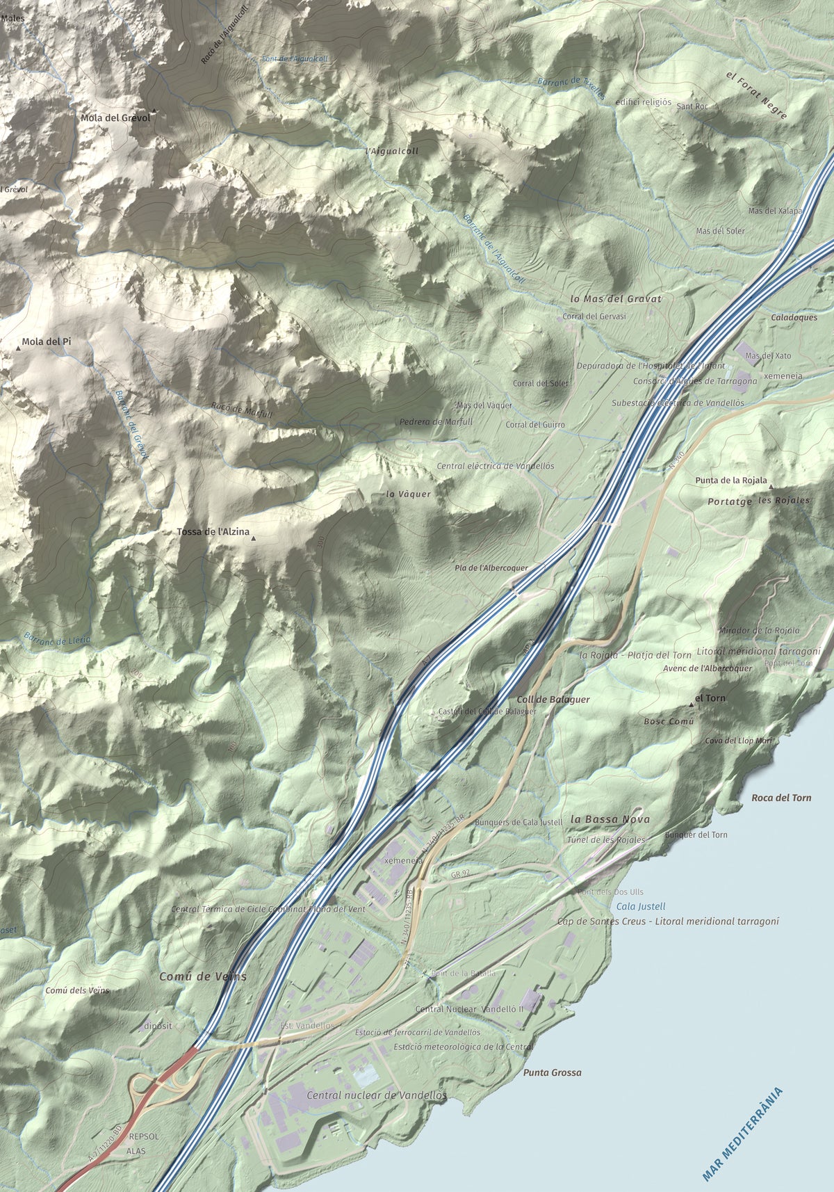 Mapa topogràfic del relleu: Molló Puntaire, 727 m. Detall de la zona inferior dreta. 70 × 100 cm.
