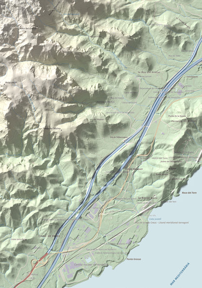 Mapa topogràfic del relleu: Molló Puntaire, 727 m. Detall de la zona inferior dreta. 70 × 100 cm.