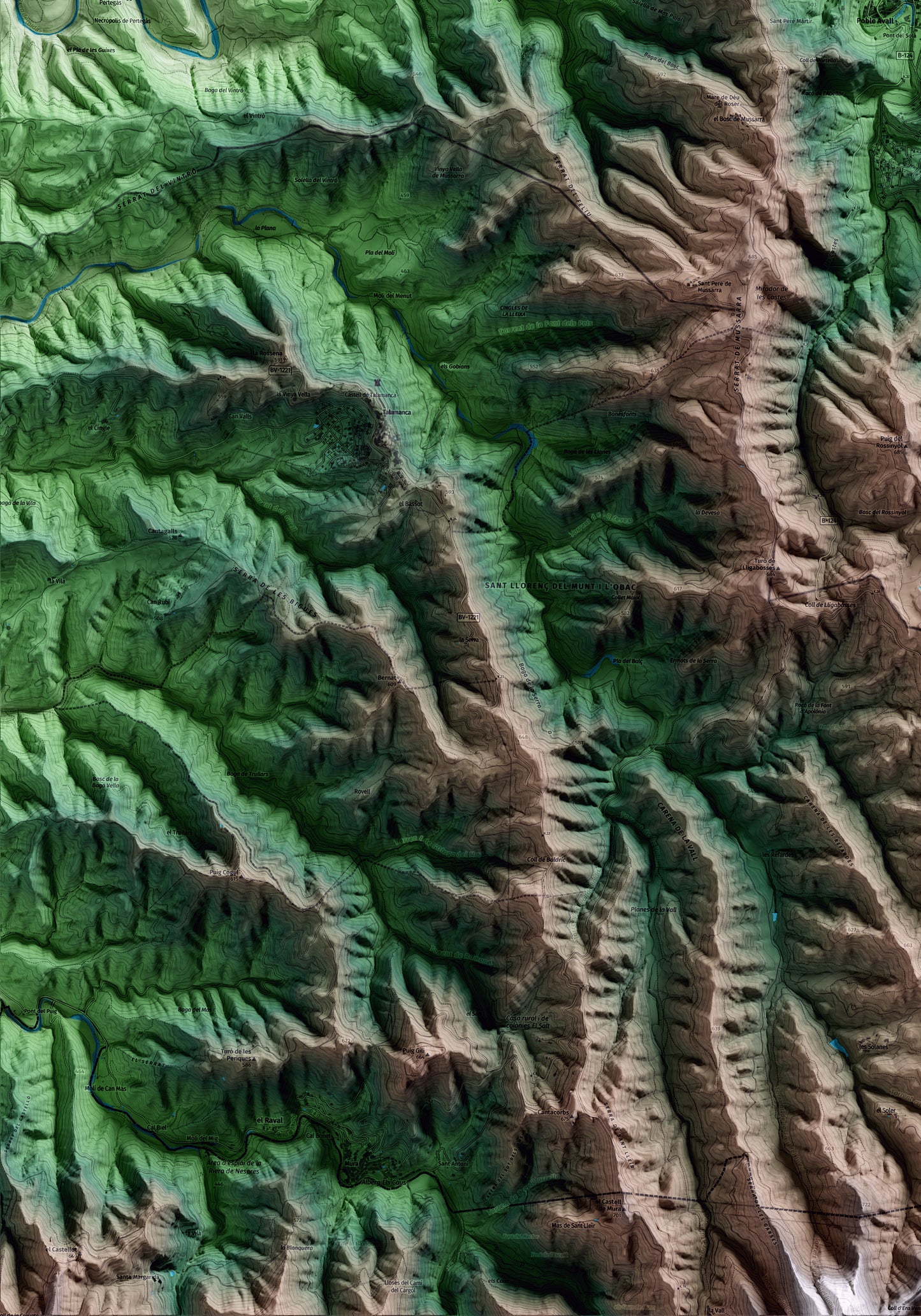 Mapa artístico del relieve de Monistrol de Calders, al Moianès, con 15 km de entorno y base topográfica ICGC. Detalle de la zona inferior izquierda.