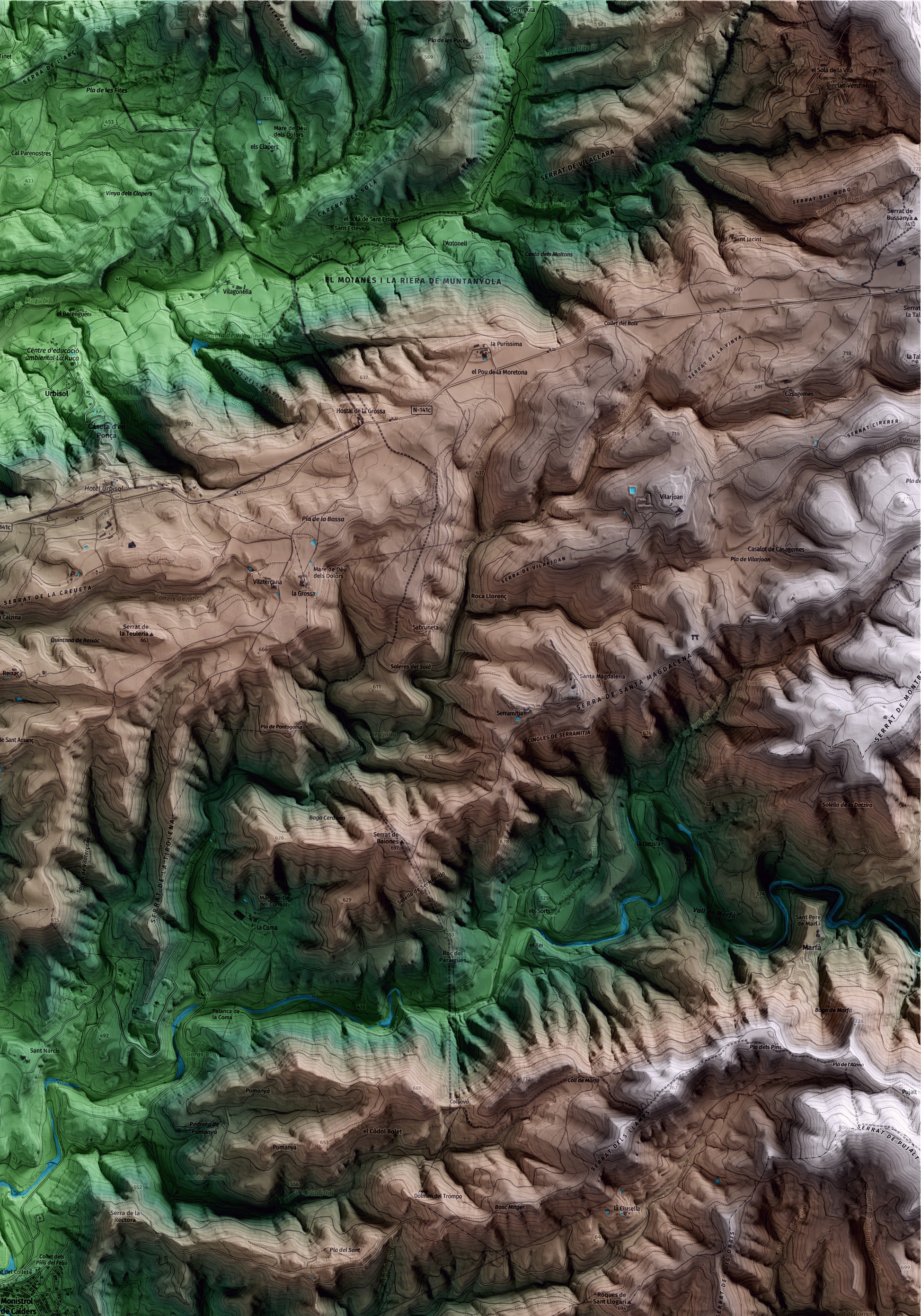 Mapa artístico del relieve de Monistrol de Calders, al Moianès, con 15 km de entorno y base topográfica ICGC. Detalle de la zona superior derecha.