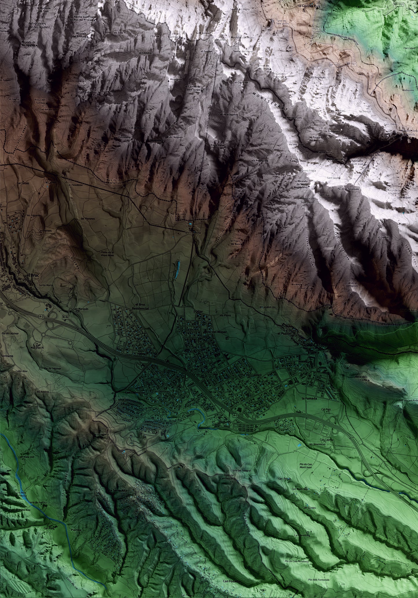 Mapa artístic del relleu de Monistrol de Montserrat, al Bages, amb 15 km d’entorn i base topogràfica ICGC. Detall de la zona inferior esquerra.