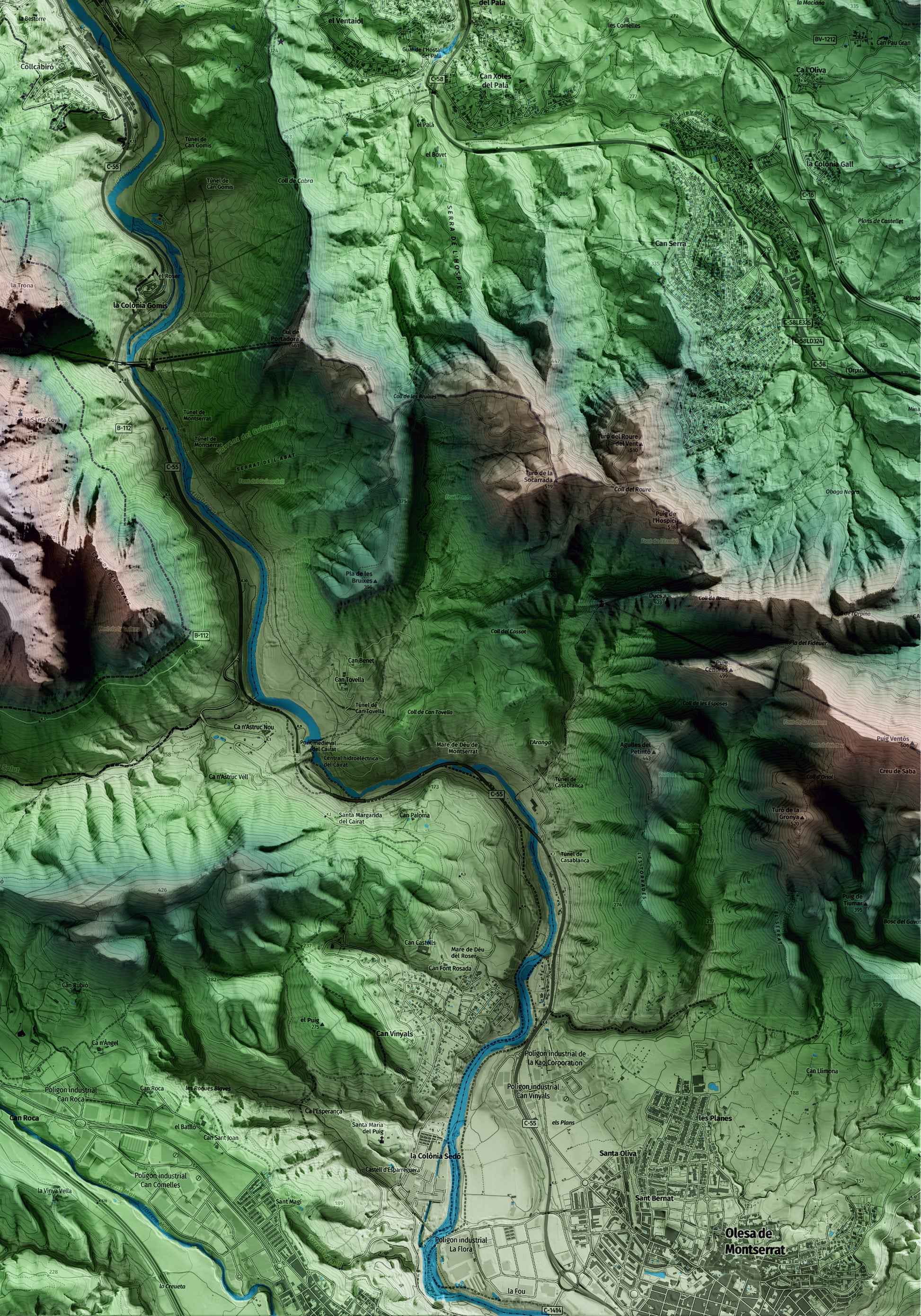 Mapa artístic del relleu de Monistrol de Montserrat, al Bages, amb 15 km d’entorn i base topogràfica ICGC. Detall de la zona inferior dreta.