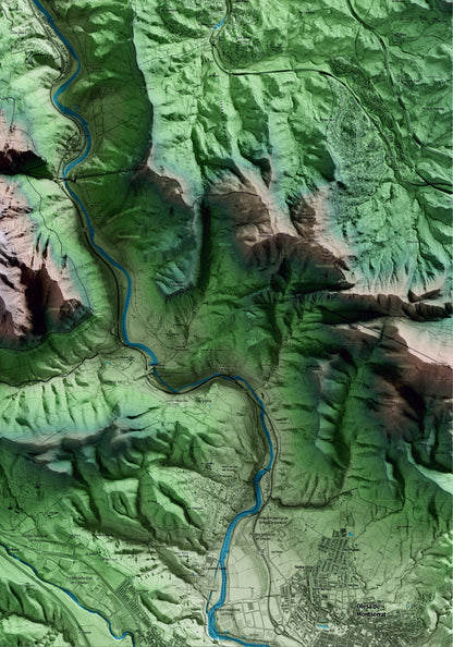 Mapa artístic del relleu de Monistrol de Montserrat, al Bages, amb 15 km d’entorn i base topogràfica ICGC. Detall de la zona inferior dreta.