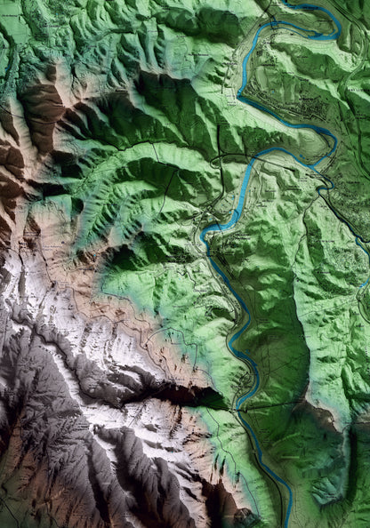 Mapa artístic del relleu de Monistrol de Montserrat, al Bages, amb 15 km d’entorn i base topogràfica ICGC. Detall de la zona central.