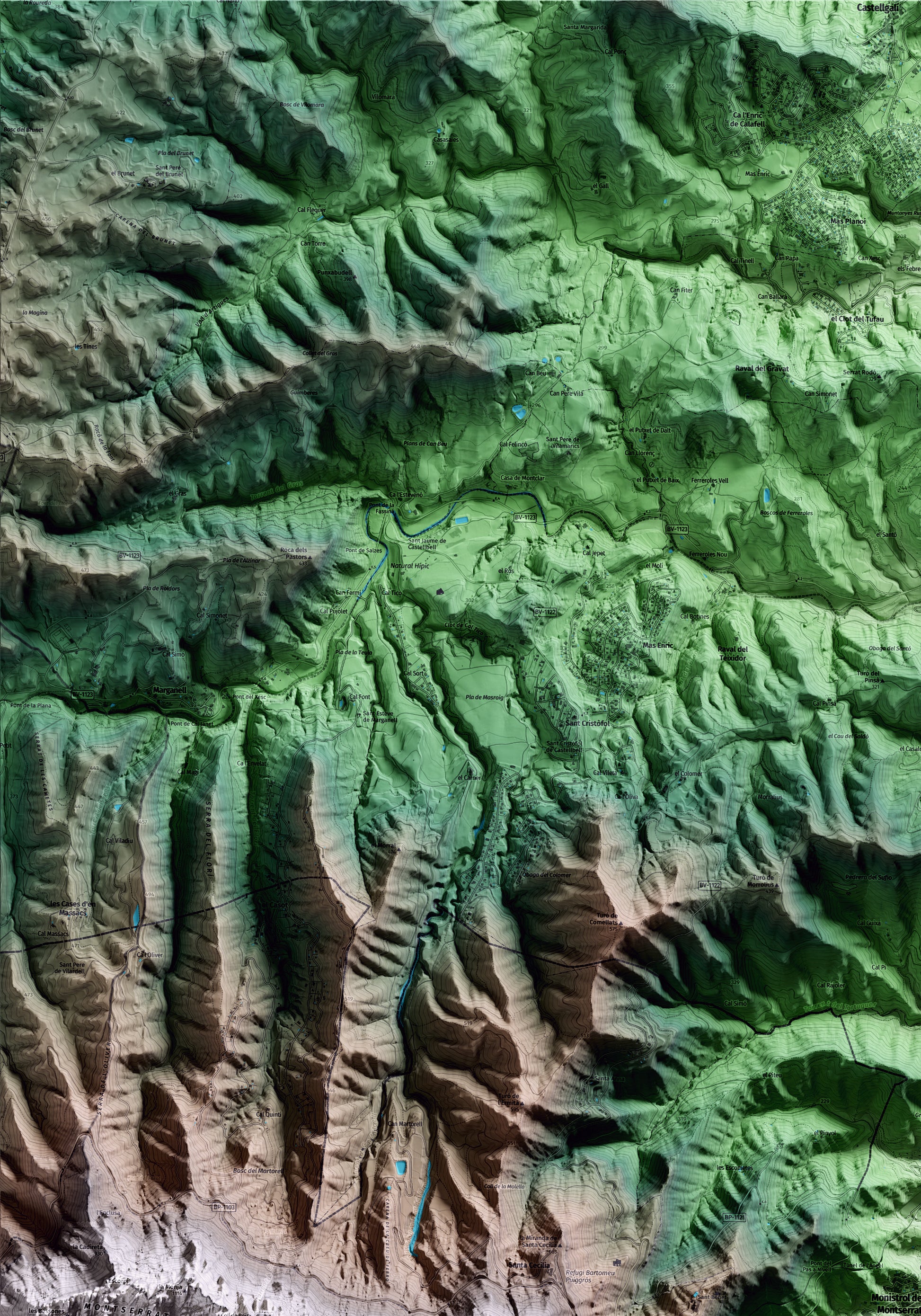 Mapa artístic del relleu de Monistrol de Montserrat, al Bages, amb 15 km d’entorn i base topogràfica ICGC. Detall de la zona superior esquerra.