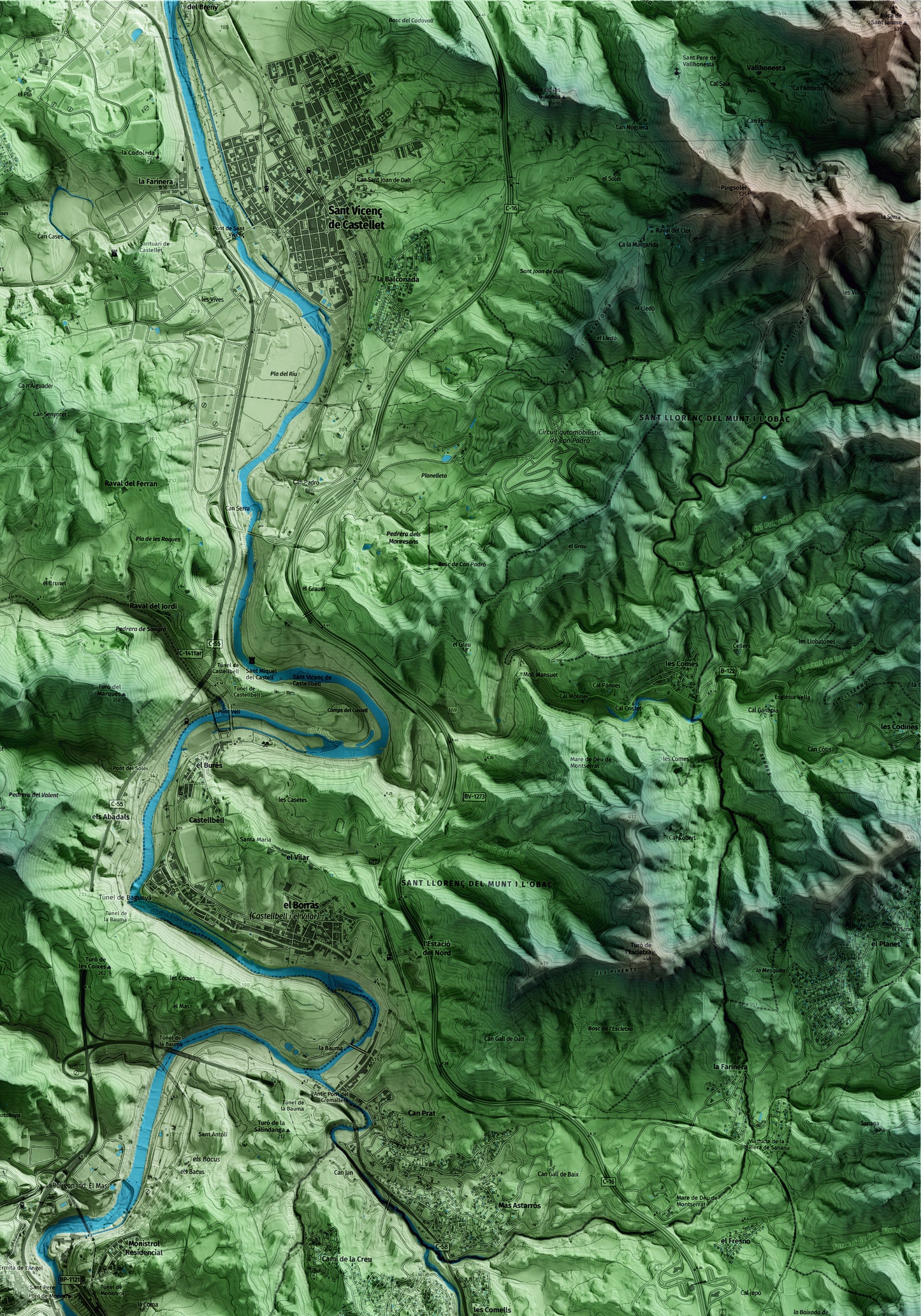 Mapa artístic del relleu de Monistrol de Montserrat, al Bages, amb 15 km d’entorn i base topogràfica ICGC. Detall de la zona superior dreta.