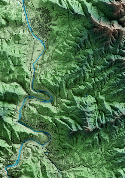 Mapa artístic del relleu de Monistrol de Montserrat, al Bages, amb 15 km d’entorn i base topogràfica ICGC. Detall de la zona superior dreta.