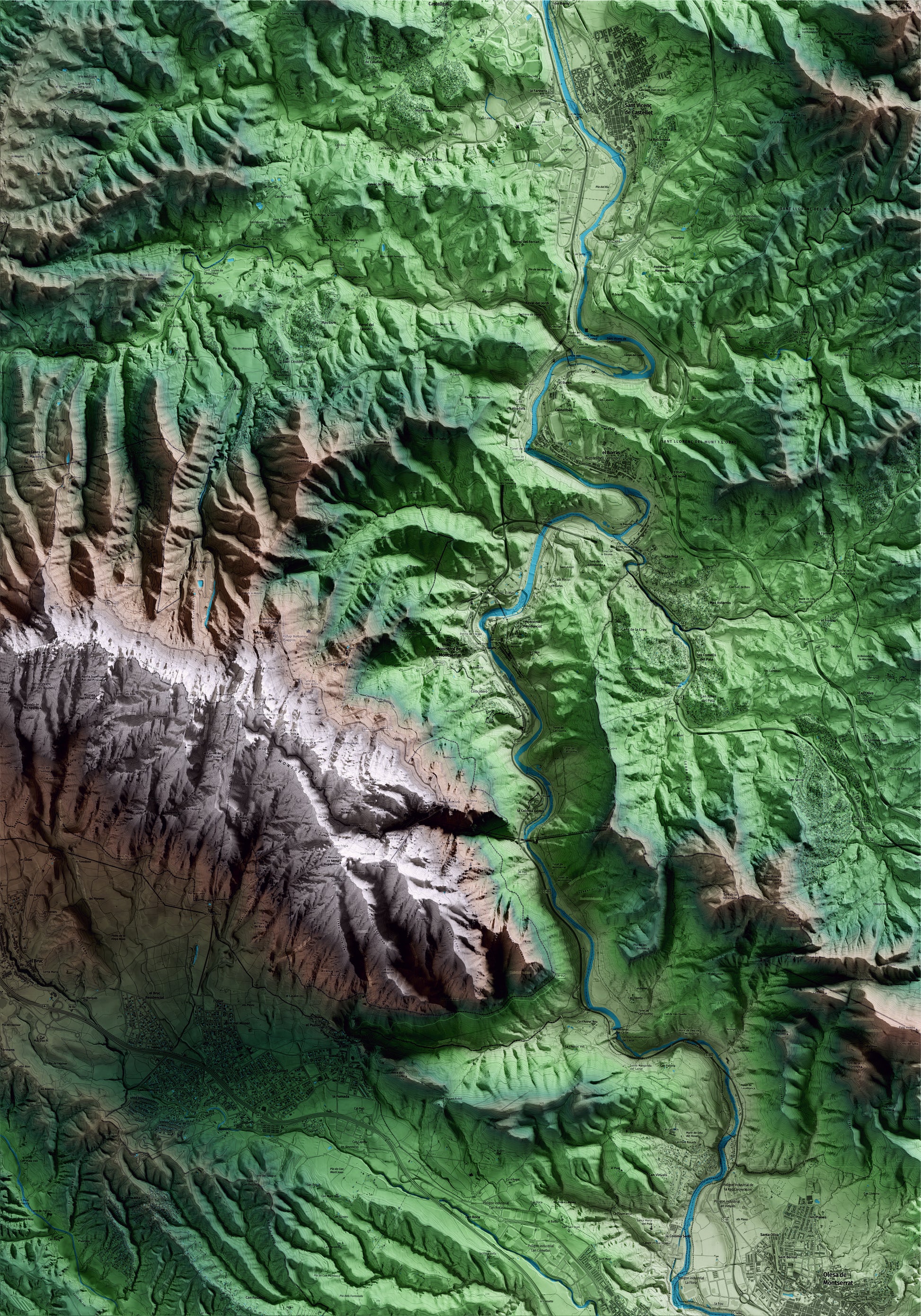 Mapa artístic del relleu de Monistrol de Montserrat, al Bages, amb 15 km d’entorn i base topogràfica ICGC