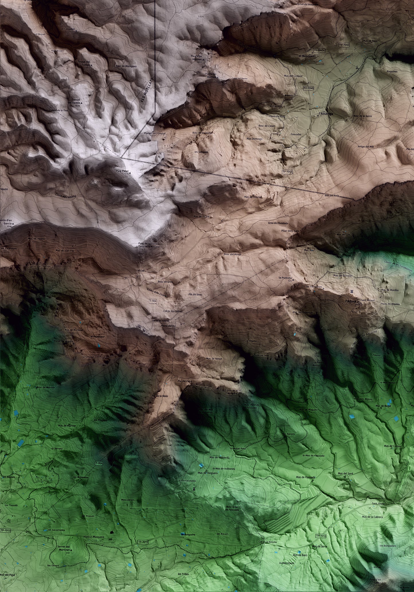 Mapa artístico del relieve de Mont-ral, al Alt Camp, con 15 km de entorno y base topográfica ICGC. Detalle de la zona inferior izquierda.
