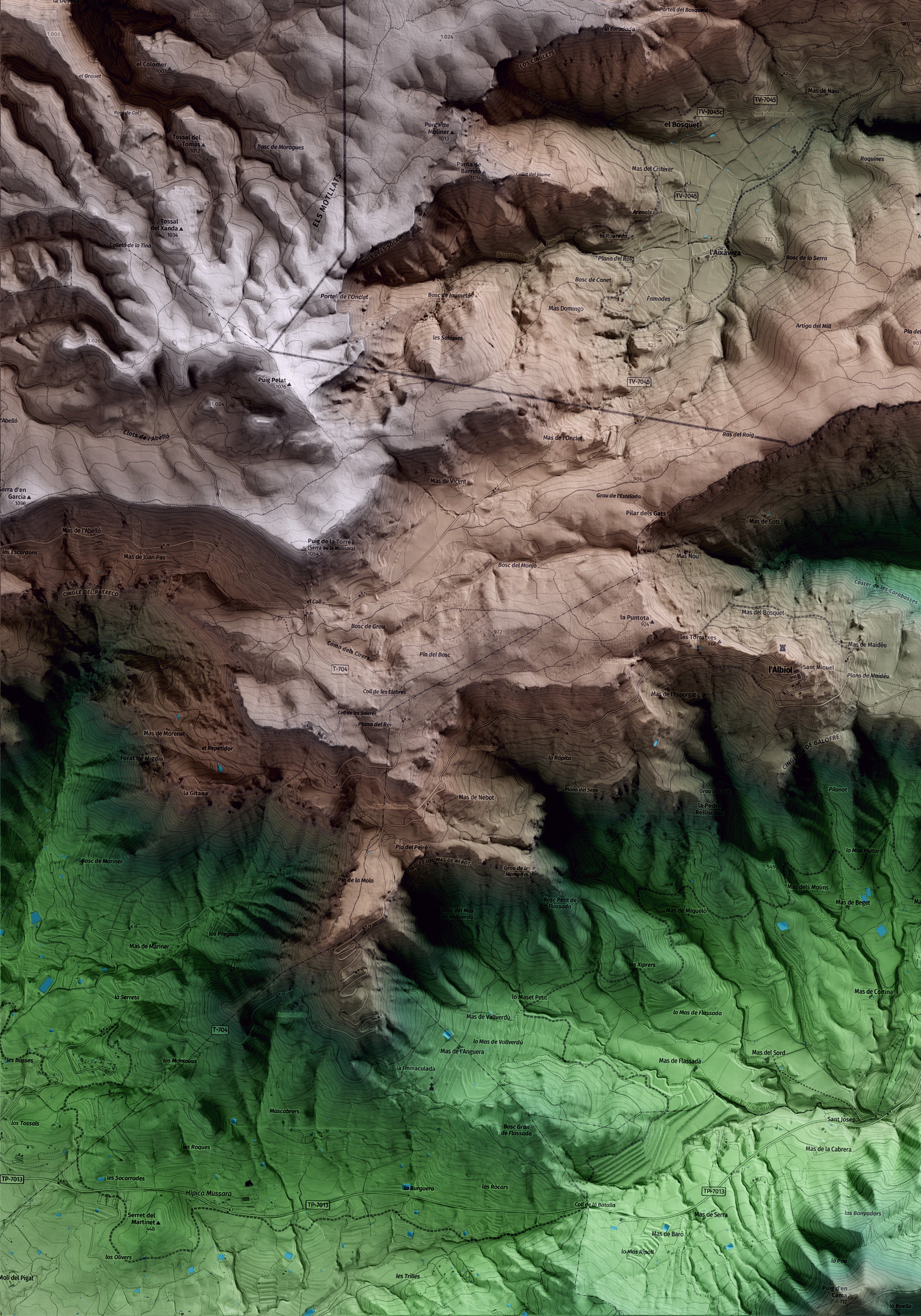 Mapa artístico del relieve de Mont-ral, al Alt Camp, con 15 km de entorno y base topográfica ICGC. Detalle de la zona inferior izquierda.