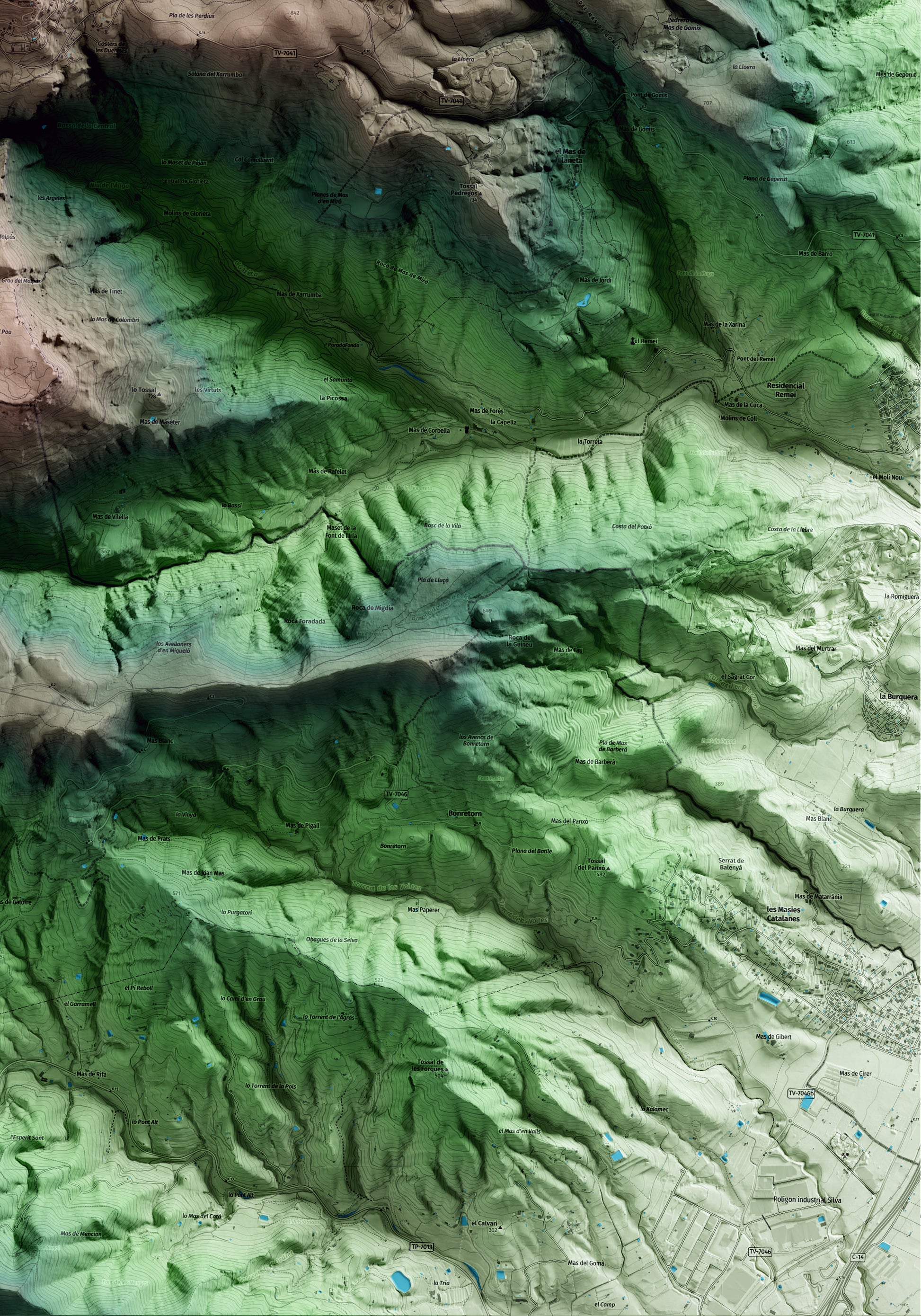 Mapa artístico del relieve de Mont-ral, al Alt Camp, con 15 km de entorno y base topográfica ICGC. Detalle de la zona inferior derecha.