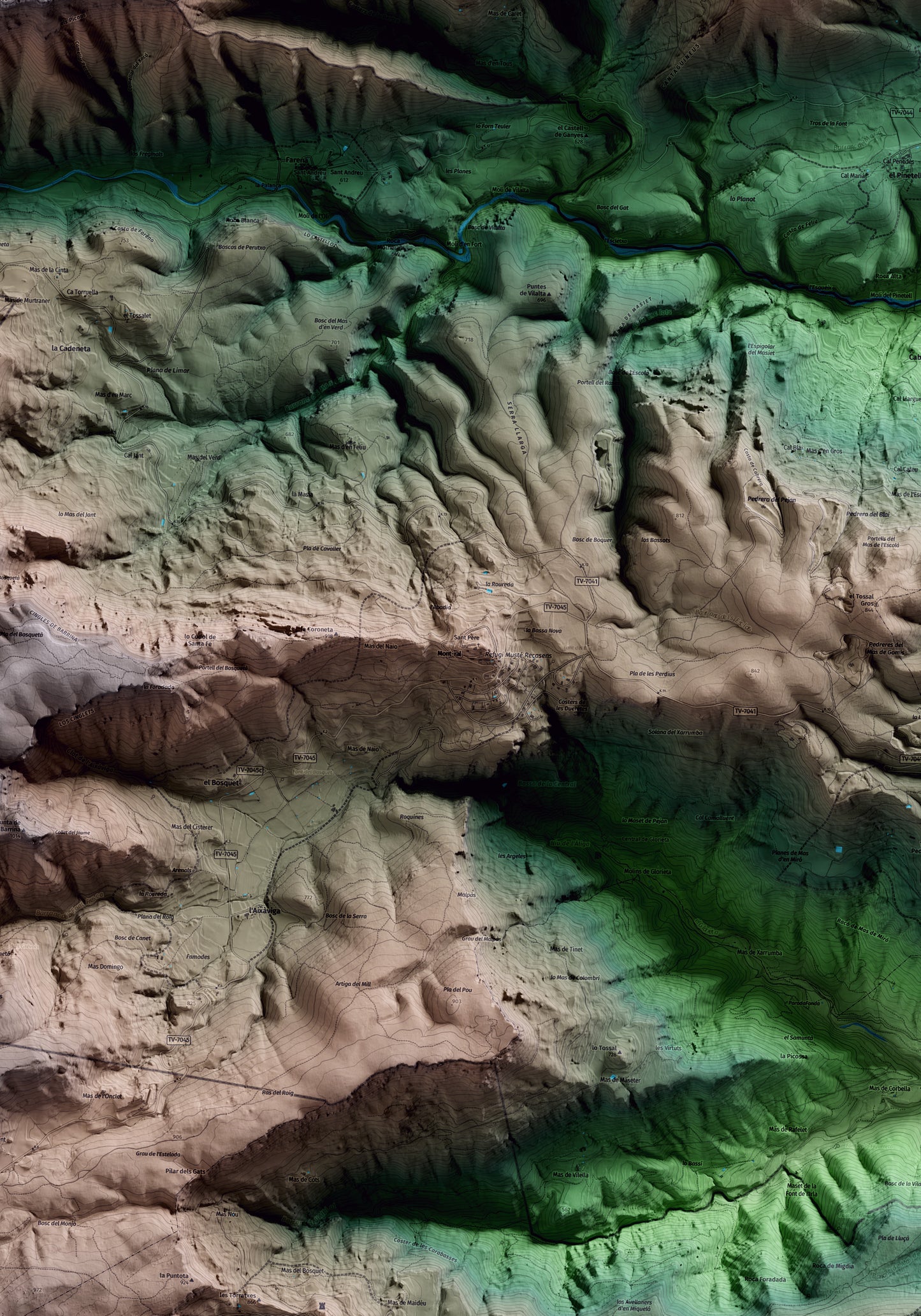 Mapa artístico del relieve de Mont-ral, al Alt Camp, con 15 km de entorno y base topográfica ICGC. Detalle de la zona central.