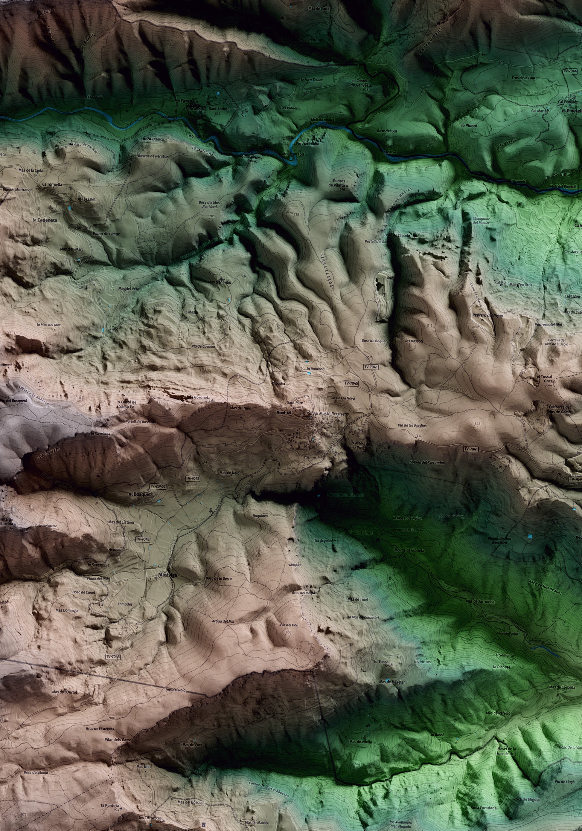 Mapa artístico del relieve de Mont-ral, al Alt Camp, con 15 km de entorno y base topográfica ICGC. Detalle de la zona central.