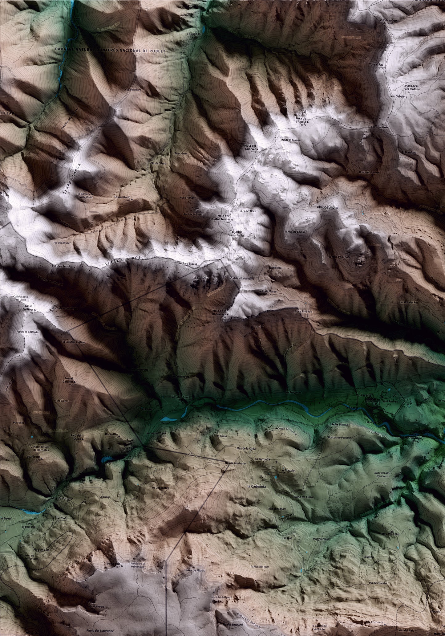Mapa artístico del relieve de Mont-ral, al Alt Camp, con 15 km de entorno y base topográfica ICGC. Detalle de la zona superior izquierda.