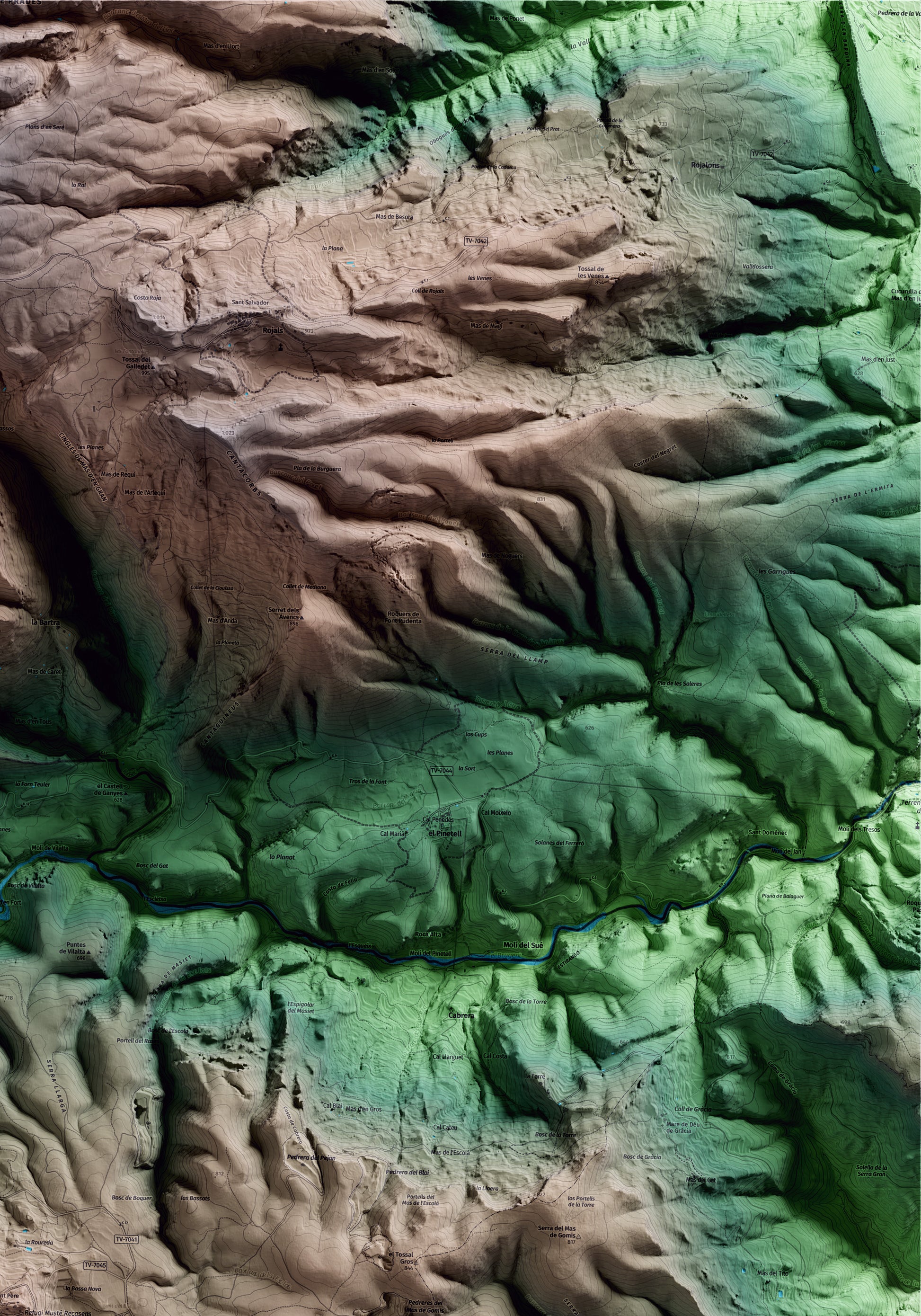 Mapa artístico del relieve de Mont-ral, al Alt Camp, con 15 km de entorno y base topográfica ICGC. Detalle de la zona superior derecha.