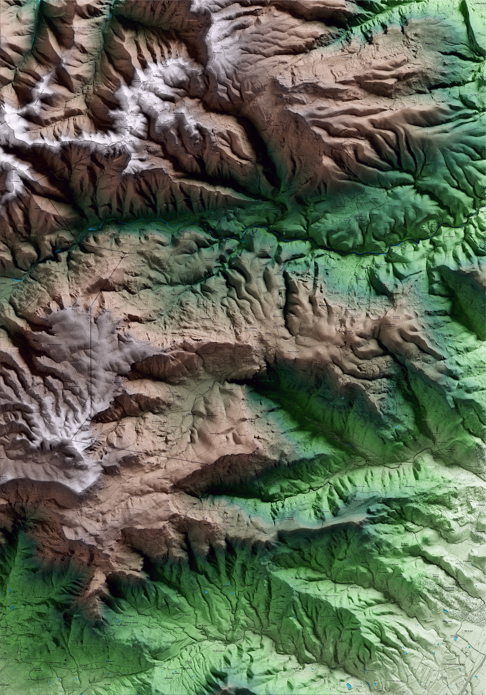Mapa artístico del relieve de Mont-ral, al Alt Camp, con 15 km de entorno y base topográfica ICGC
