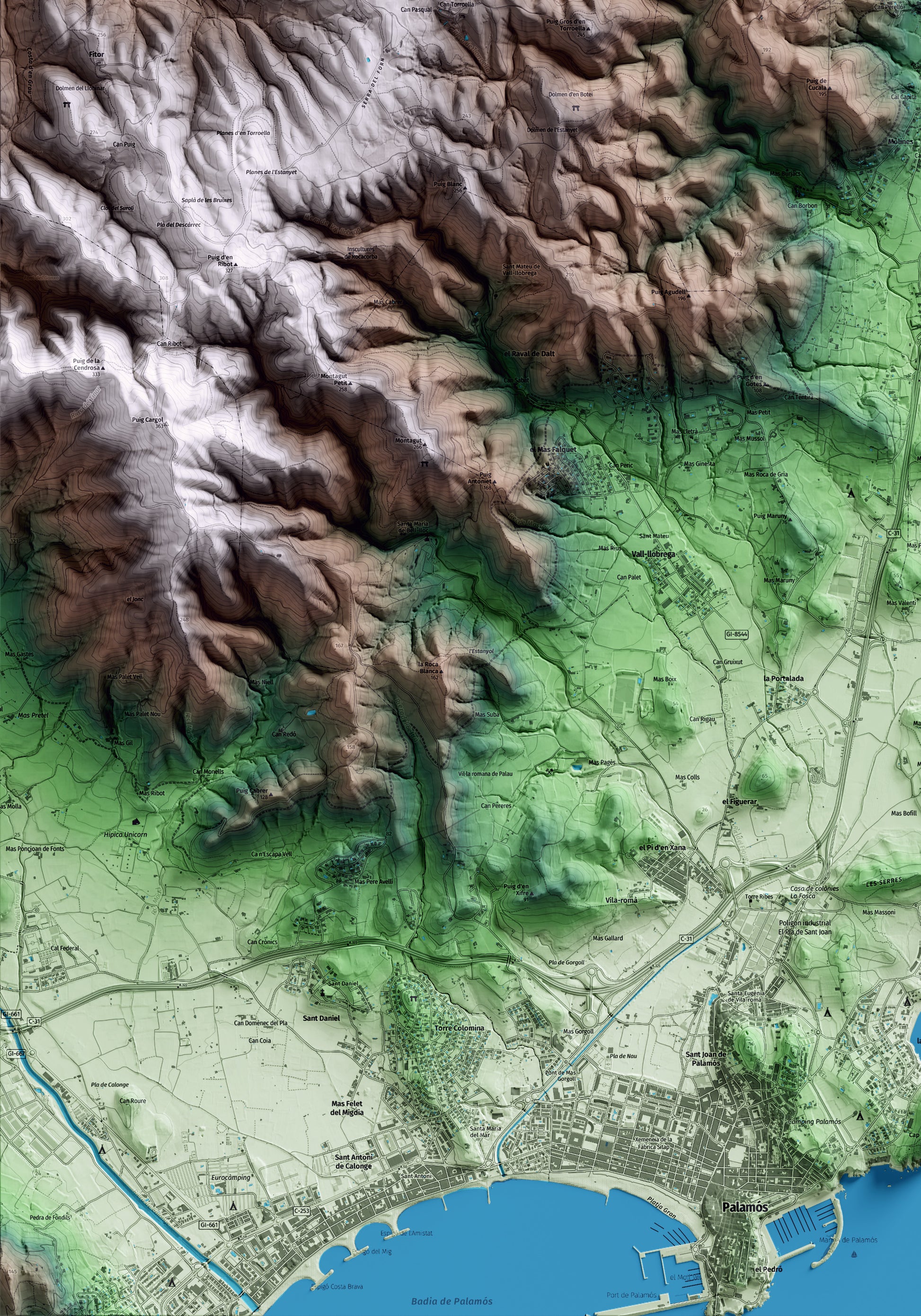 Mapa artístico del relieve de Mont-ras, al Baix Empordà, con 15 km de entorno y base topográfica ICGC. Detalle de la zona inferior izquierda.