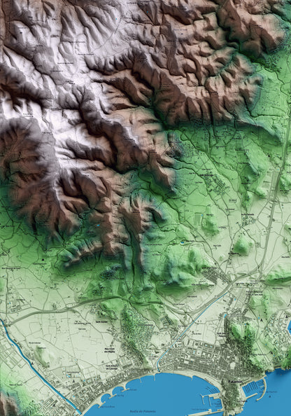 Mapa artístico del relieve de Mont-ras, al Baix Empordà, con 15 km de entorno y base topográfica ICGC. Detalle de la zona inferior izquierda.