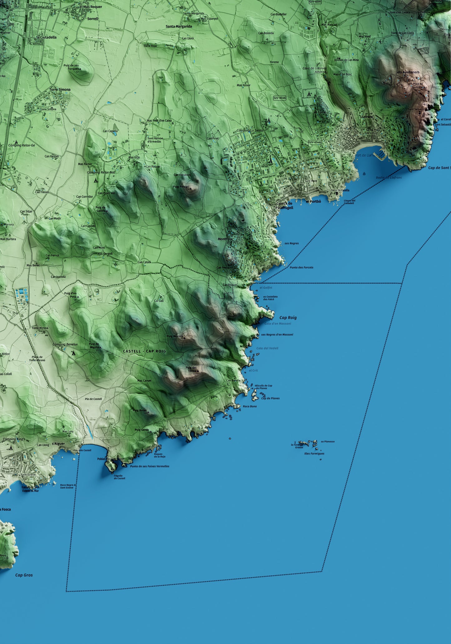 Mapa artístico del relieve de Mont-ras, al Baix Empordà, con 15 km de entorno y base topográfica ICGC. Detalle de la zona inferior derecha.
