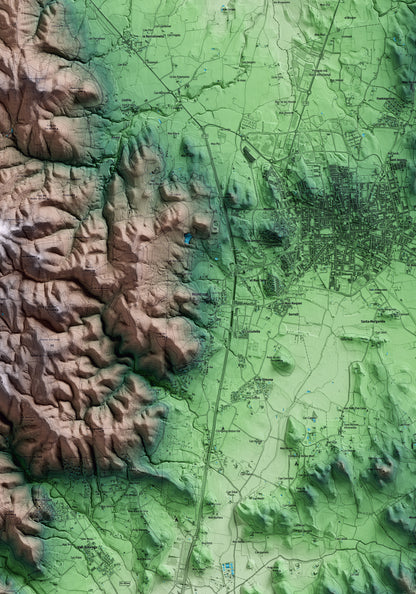Mapa artístico del relieve de Mont-ras, al Baix Empordà, con 15 km de entorno y base topográfica ICGC. Detalle de la zona central.