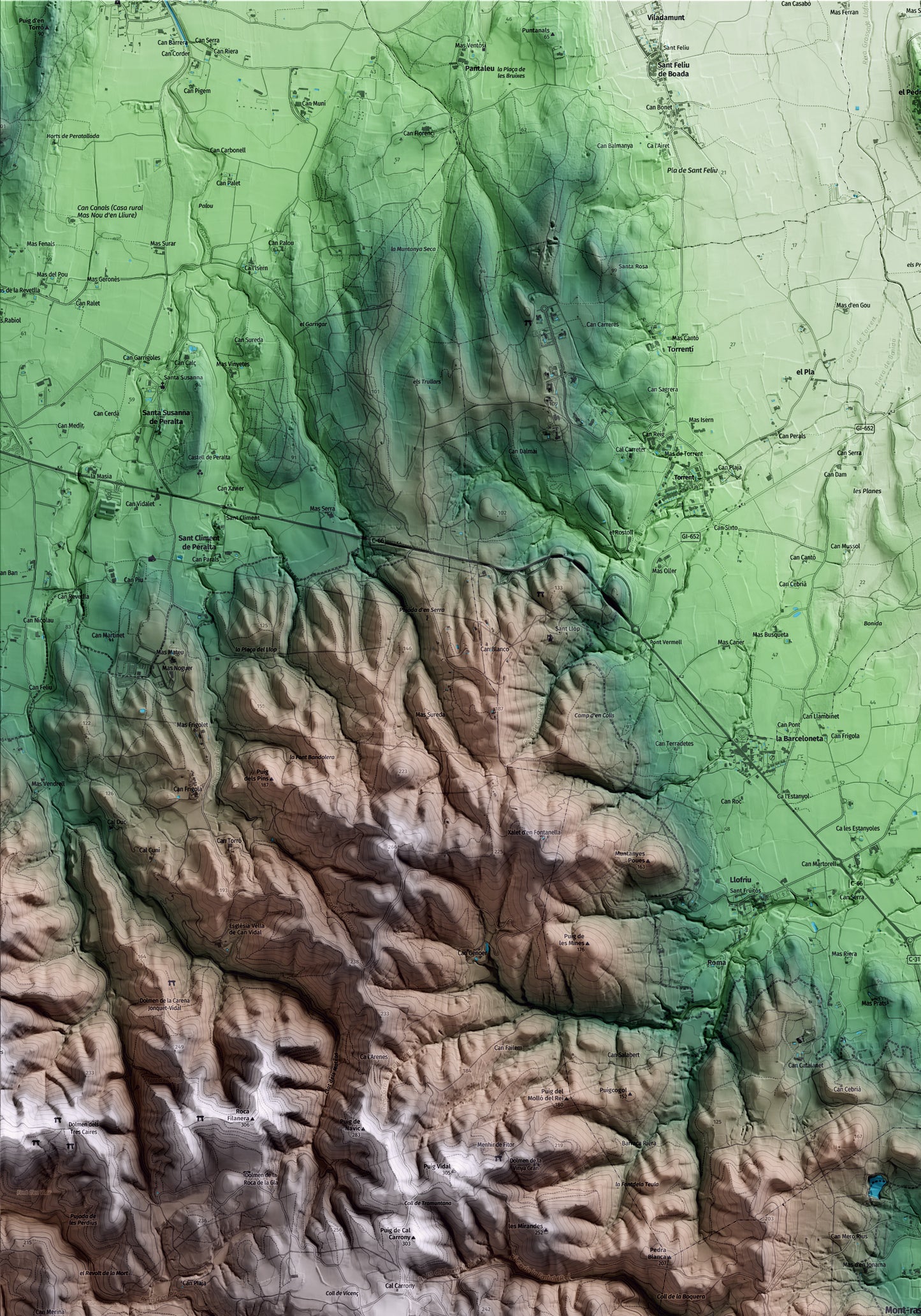 Mapa artístico del relieve de Mont-ras, al Baix Empordà, con 15 km de entorno y base topográfica ICGC. Detalle de la zona superior izquierda.