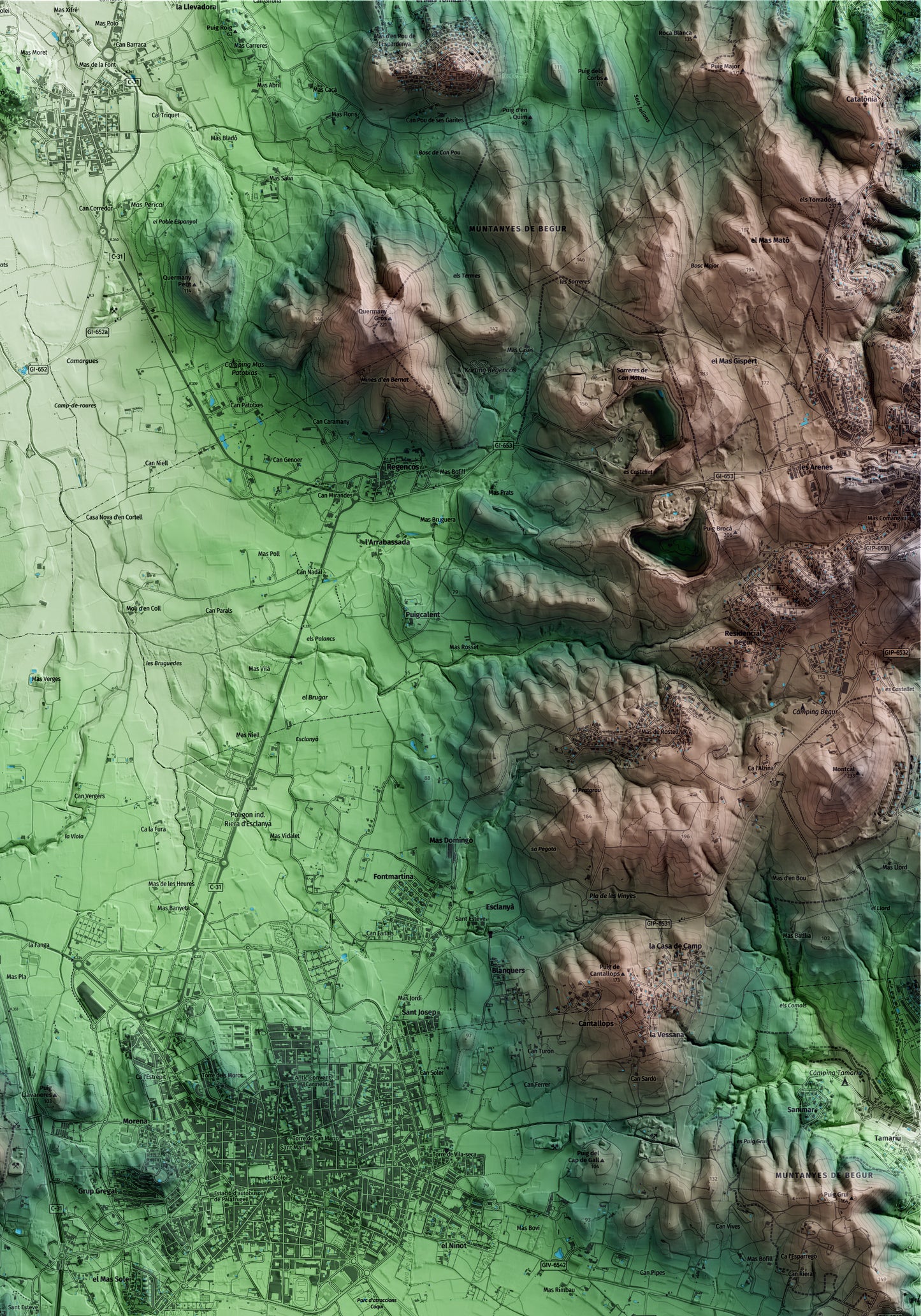 Mapa artístico del relieve de Mont-ras, al Baix Empordà, con 15 km de entorno y base topográfica ICGC. Detalle de la zona superior derecha.