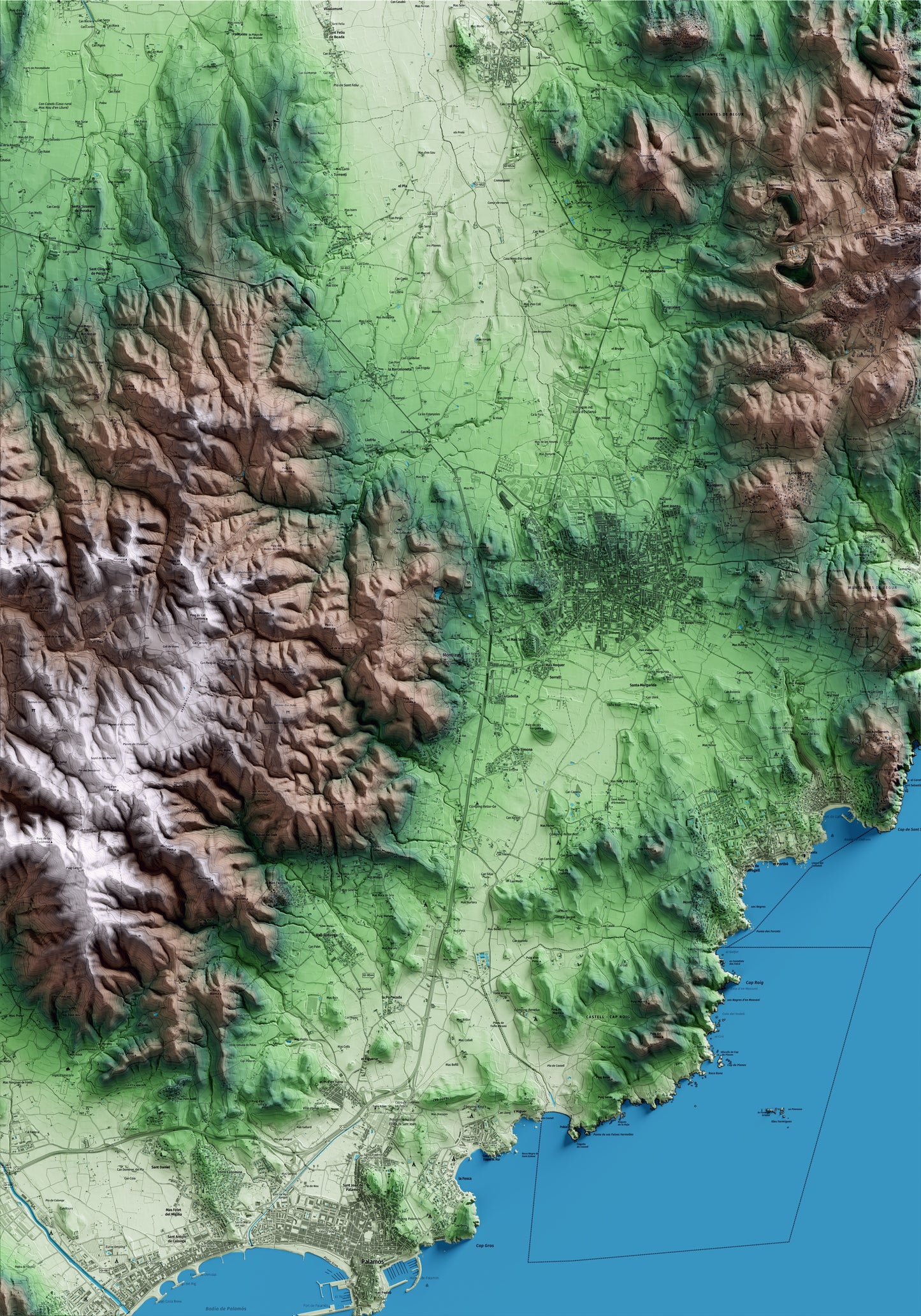 Mapa artístico del relieve de Mont-ras, al Baix Empordà, con 15 km de entorno y base topográfica ICGC