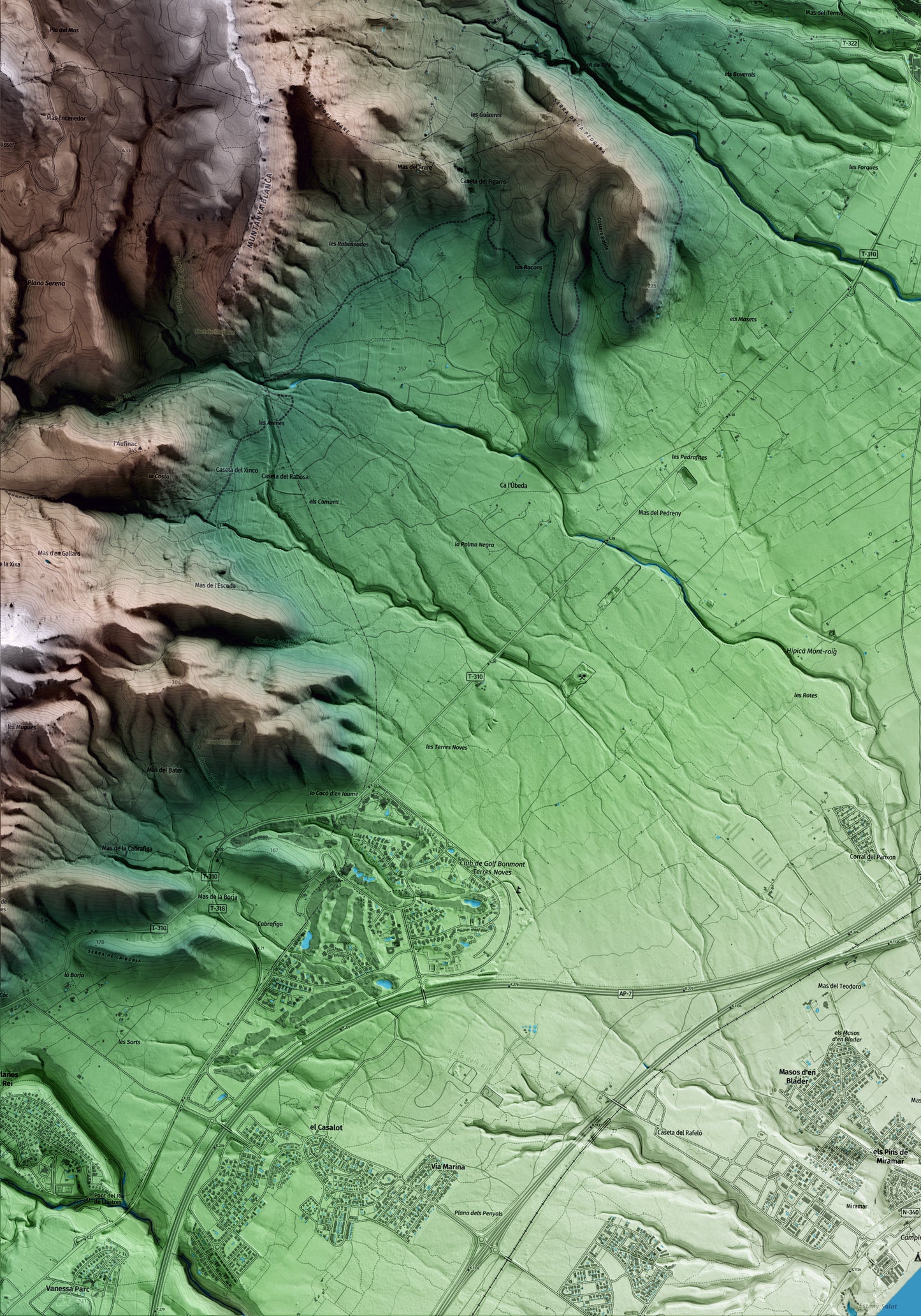 Mapa artístico del relieve de Mont-roig del Camp, al Baix Camp, con 15 km de entorno y base topográfica ICGC. Detalle de la zona inferior izquierda.