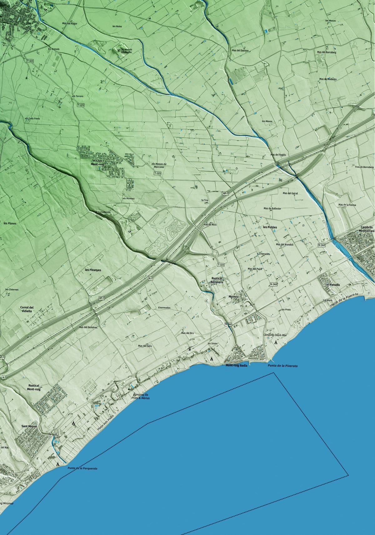 Mapa artístico del relieve de Mont-roig del Camp, al Baix Camp, con 15 km de entorno y base topográfica ICGC. Detalle de la zona inferior derecha.