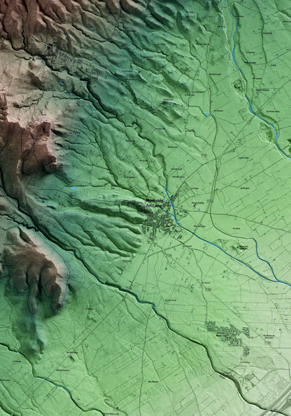 Mapa artístico del relieve de Mont-roig del Camp, al Baix Camp, con 15 km de entorno y base topográfica ICGC. Detalle de la zona central.
