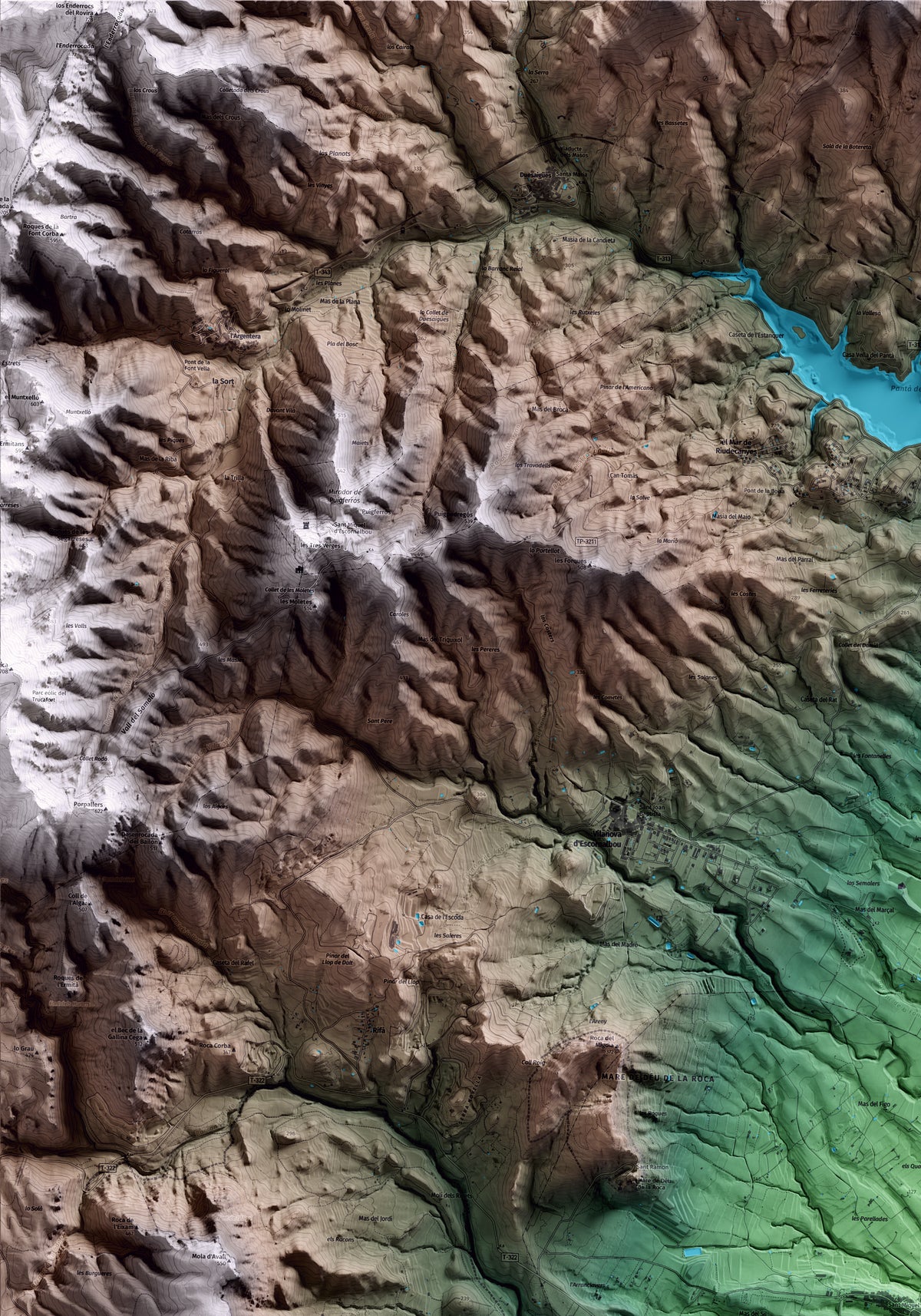 Mapa artístico del relieve de Mont-roig del Camp, al Baix Camp, con 15 km de entorno y base topográfica ICGC. Detalle de la zona superior izquierda.