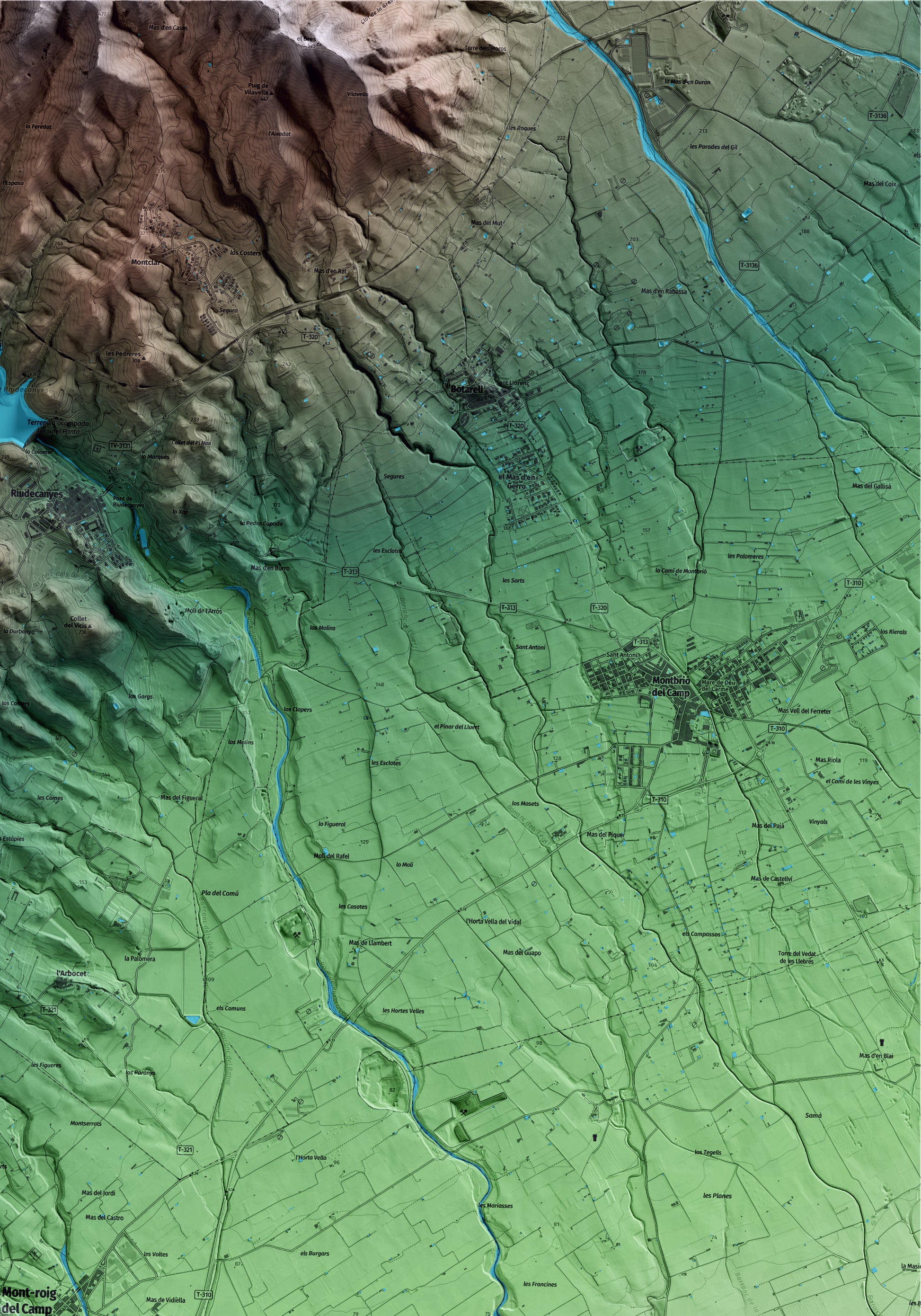Mapa artístico del relieve de Mont-roig del Camp, al Baix Camp, con 15 km de entorno y base topográfica ICGC. Detalle de la zona superior derecha.