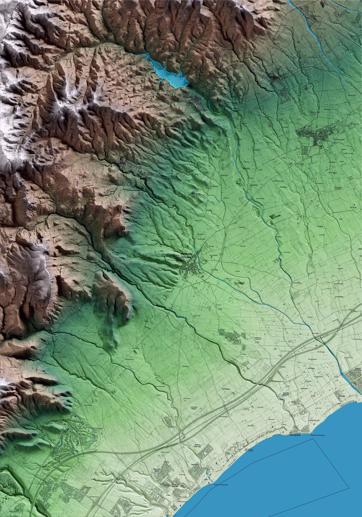 Mapa artístico del relieve de Mont-roig del Camp, al Baix Camp, con 15 km de entorno y base topográfica ICGC