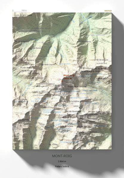 Mapa de relieve de Mont-roig, 2864 m, Pallars Sobirà, lámina 100 Cims de Trobart 21 × 30 cm.