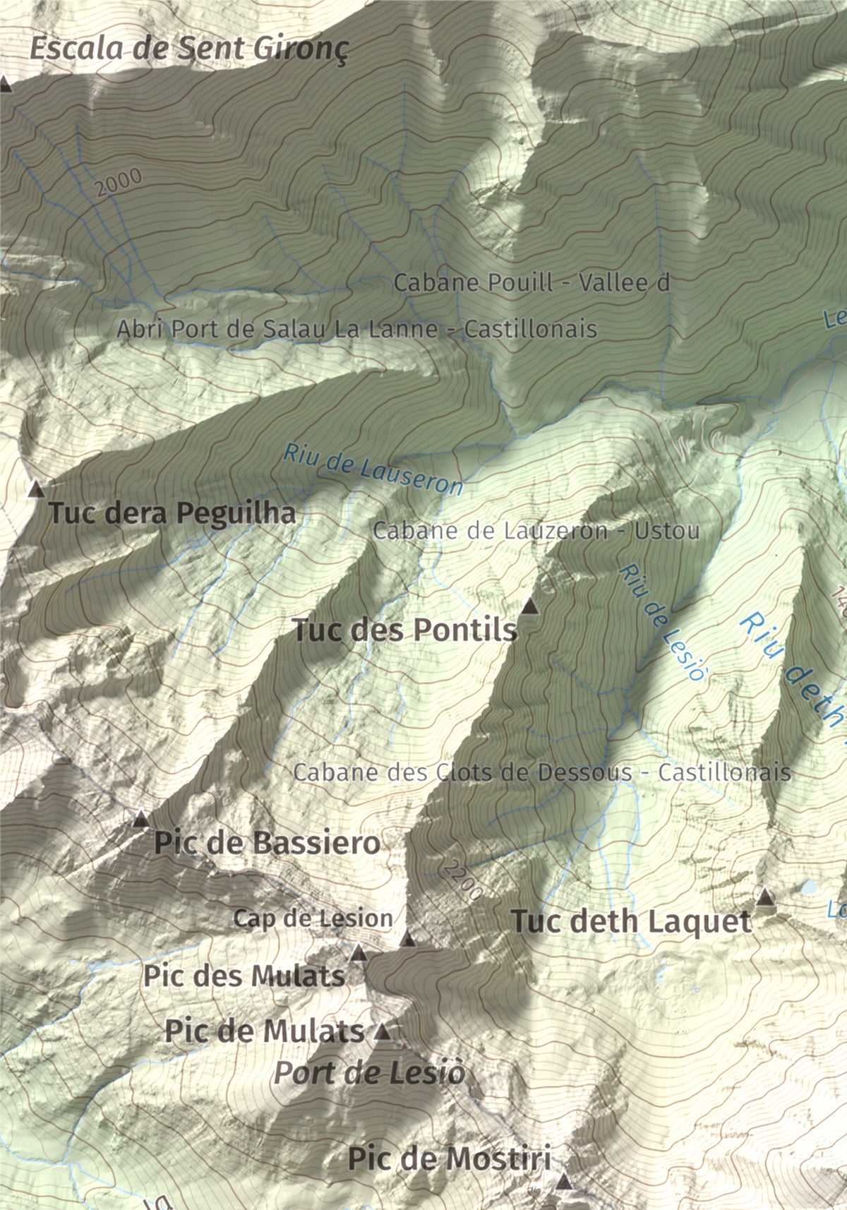 Mapa de relieve de Mont-roig, 2864 m, Pallars Sobirà, lámina 100 Cims de Trobart. Detalle de la zona superior izquierda. 21 × 30 cm.