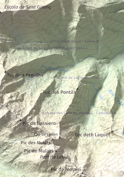 Mapa de relieve de Mont-roig, 2864 m, Pallars Sobirà, lámina 100 Cims de Trobart. Detalle de la zona superior izquierda. 21 × 30 cm.