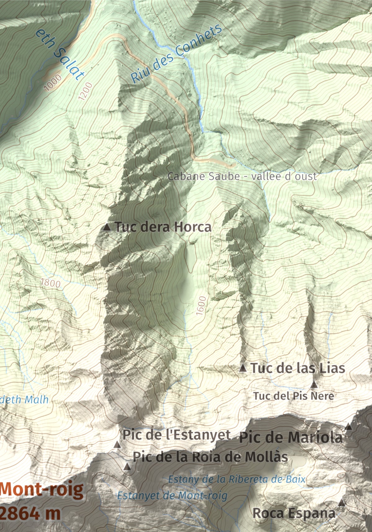 Mapa de relieve de Mont-roig, 2864 m, Pallars Sobirà, lámina 100 Cims de Trobart. Detalle de la zona superior derecha. 21 × 30 cm.
