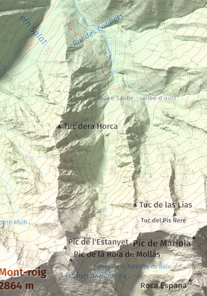Mapa de relieve de Mont-roig, 2864 m, Pallars Sobirà, lámina 100 Cims de Trobart. Detalle de la zona superior derecha. 21 × 30 cm.