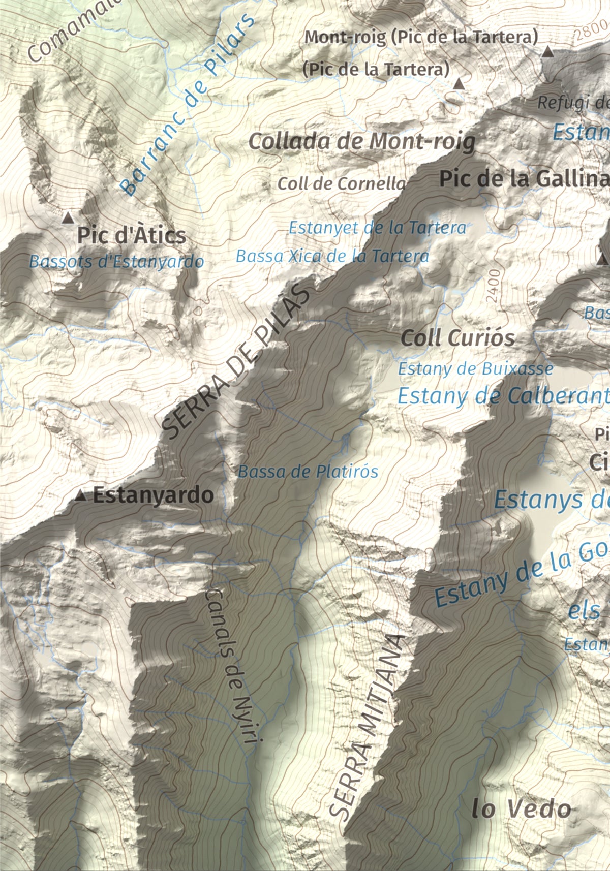Mapa de relieve de Mont-roig, 2864 m, Pallars Sobirà, lámina 100 Cims de Trobart. Detalle de la zona inferior izquierda. 21 × 30 cm.