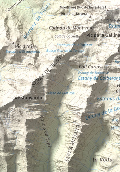 Mapa de relieve de Mont-roig, 2864 m, Pallars Sobirà, lámina 100 Cims de Trobart. Detalle de la zona inferior izquierda. 21 × 30 cm.