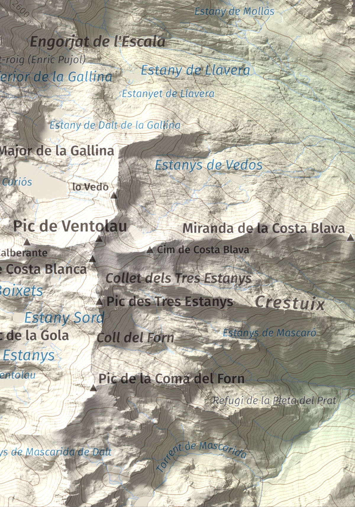 Mapa de relieve de Mont-roig, 2864 m, Pallars Sobirà, lámina 100 Cims de Trobart. Detalle de la zona inferior derecha. 21 × 30 cm.