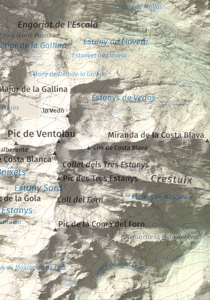 Mapa de relieve de Mont-roig, 2864 m, Pallars Sobirà, lámina 100 Cims de Trobart. Detalle de la zona inferior derecha. 21 × 30 cm.