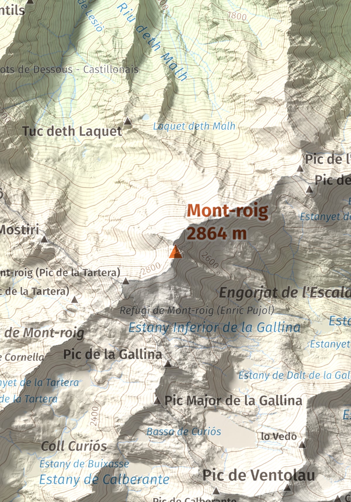 Mapa de relieve de Mont-roig, 2864 m, Pallars Sobirà, lámina 100 Cims de Trobart. Detalle de la zona central. 21 × 30 cm.