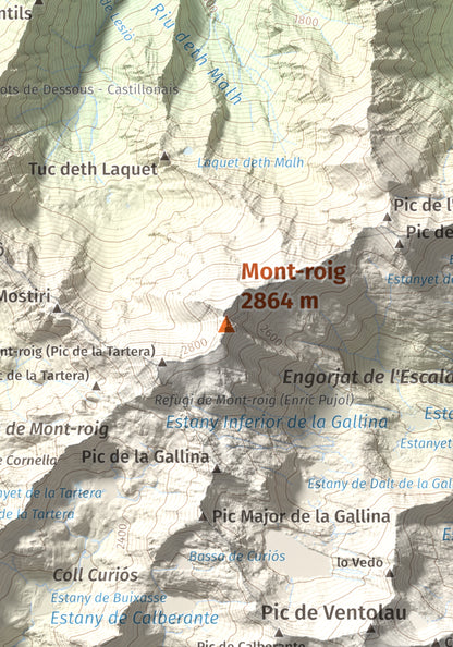 Mapa de relieve de Mont-roig, 2864 m, Pallars Sobirà, lámina 100 Cims de Trobart. Detalle de la zona central. 21 × 30 cm.