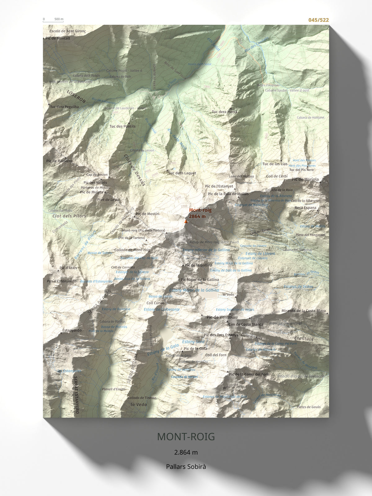 Mapa de relieve de Mont-roig, 2864 m, Pallars Sobirà, lámina 100 Cims de Trobart 30 × 40 cm.
