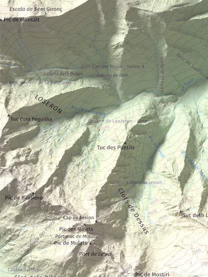 Mapa de relieve de Mont-roig, 2864 m, Pallars Sobirà, lámina 100 Cims de Trobart. Detalle de la zona superior izquierda. 30 × 40 cm.