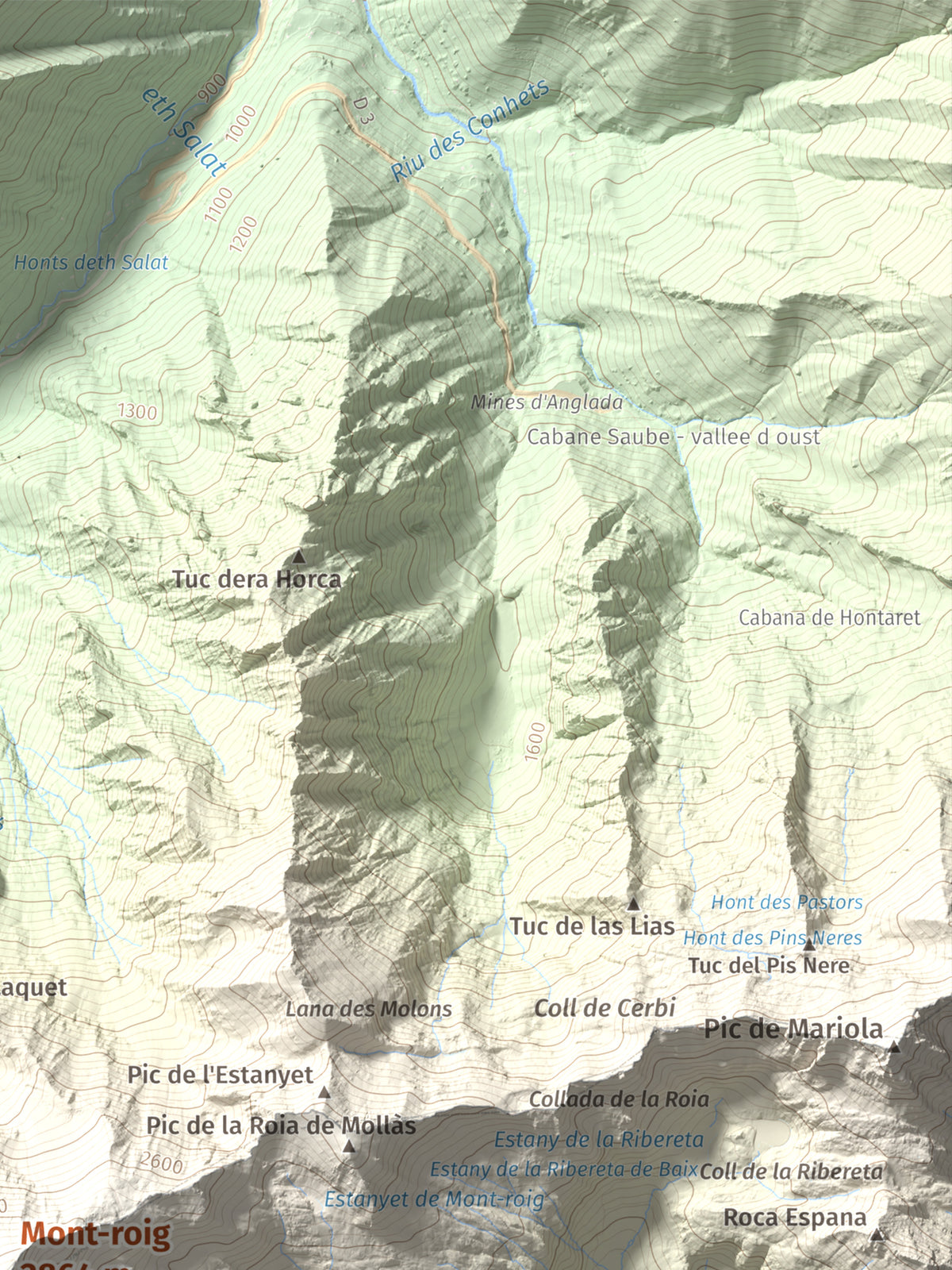 Mapa de relieve de Mont-roig, 2864 m, Pallars Sobirà, lámina 100 Cims de Trobart. Detalle de la zona superior derecha. 30 × 40 cm.