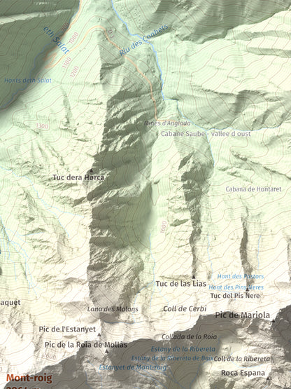 Mapa de relieve de Mont-roig, 2864 m, Pallars Sobirà, lámina 100 Cims de Trobart. Detalle de la zona superior derecha. 30 × 40 cm.