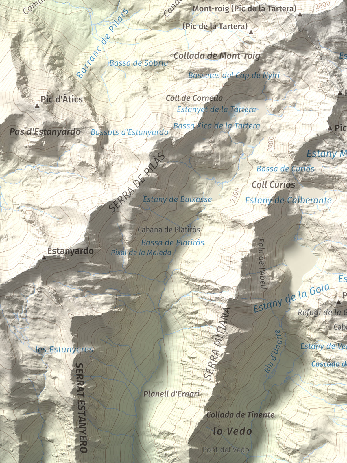 Mapa de relieve de Mont-roig, 2864 m, Pallars Sobirà, lámina 100 Cims de Trobart. Detalle de la zona inferior izquierda. 30 × 40 cm.