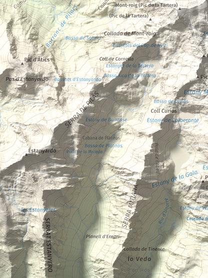 Mapa de relieve de Mont-roig, 2864 m, Pallars Sobirà, lámina 100 Cims de Trobart. Detalle de la zona inferior izquierda. 30 × 40 cm.